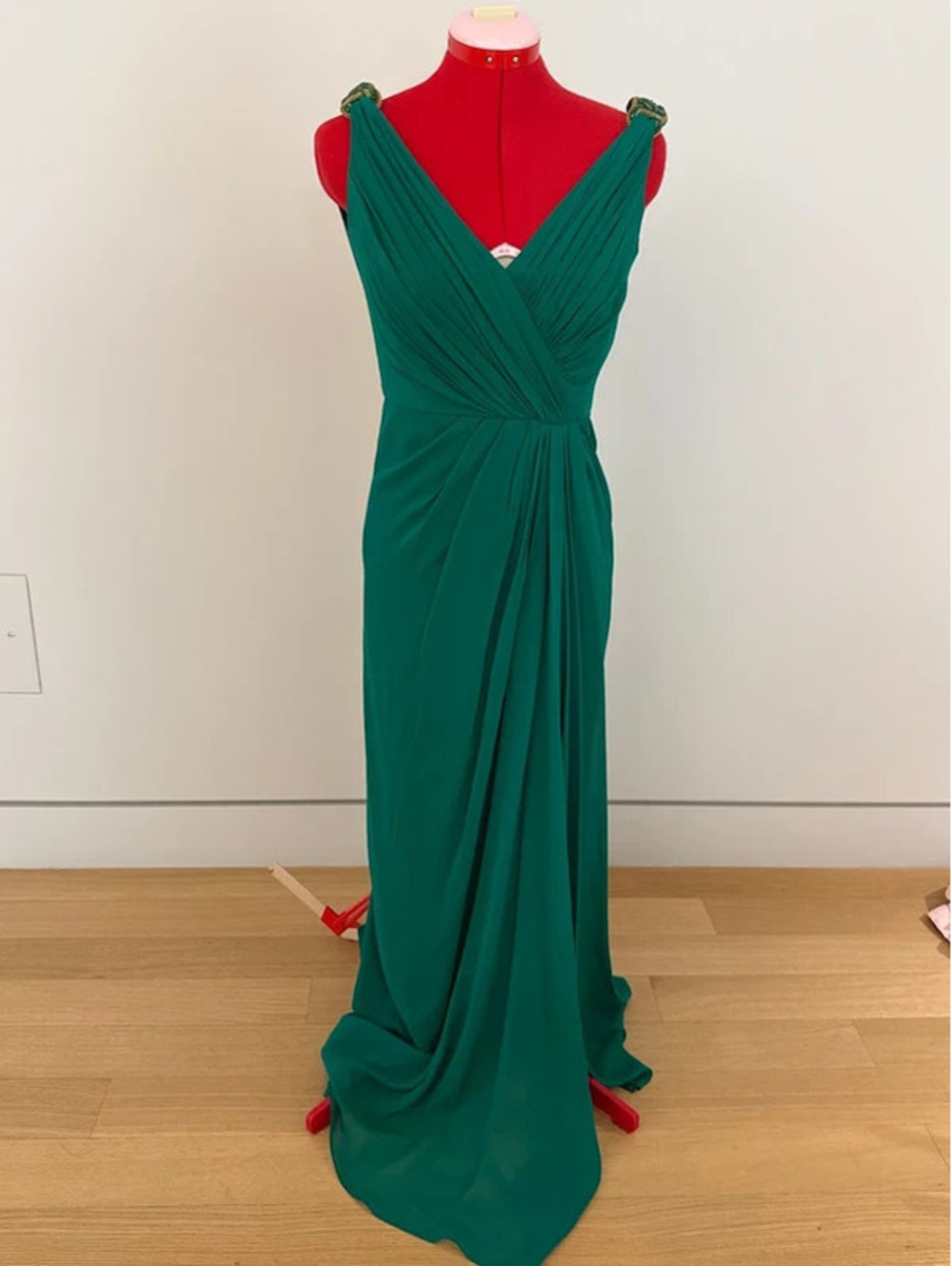 Badgley Mischka Silk Green Gown with Gold Details